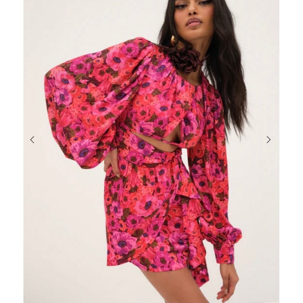 For Love & Lemons Lauren Long Floral Sleeve Mini Dress NWT S